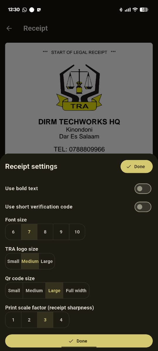 Receipt Settings Screen